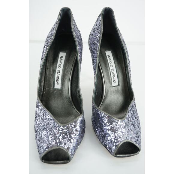Manolo Blahnik Glitter Fatducabo Peep Toe Heels Pumps Size 37.5 - Picture 10 of 12